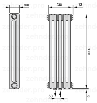 Схема (чертеж) Радиатор Zehnder Charleston 3300/5 №5410 Белый глянцевый RAL 9016